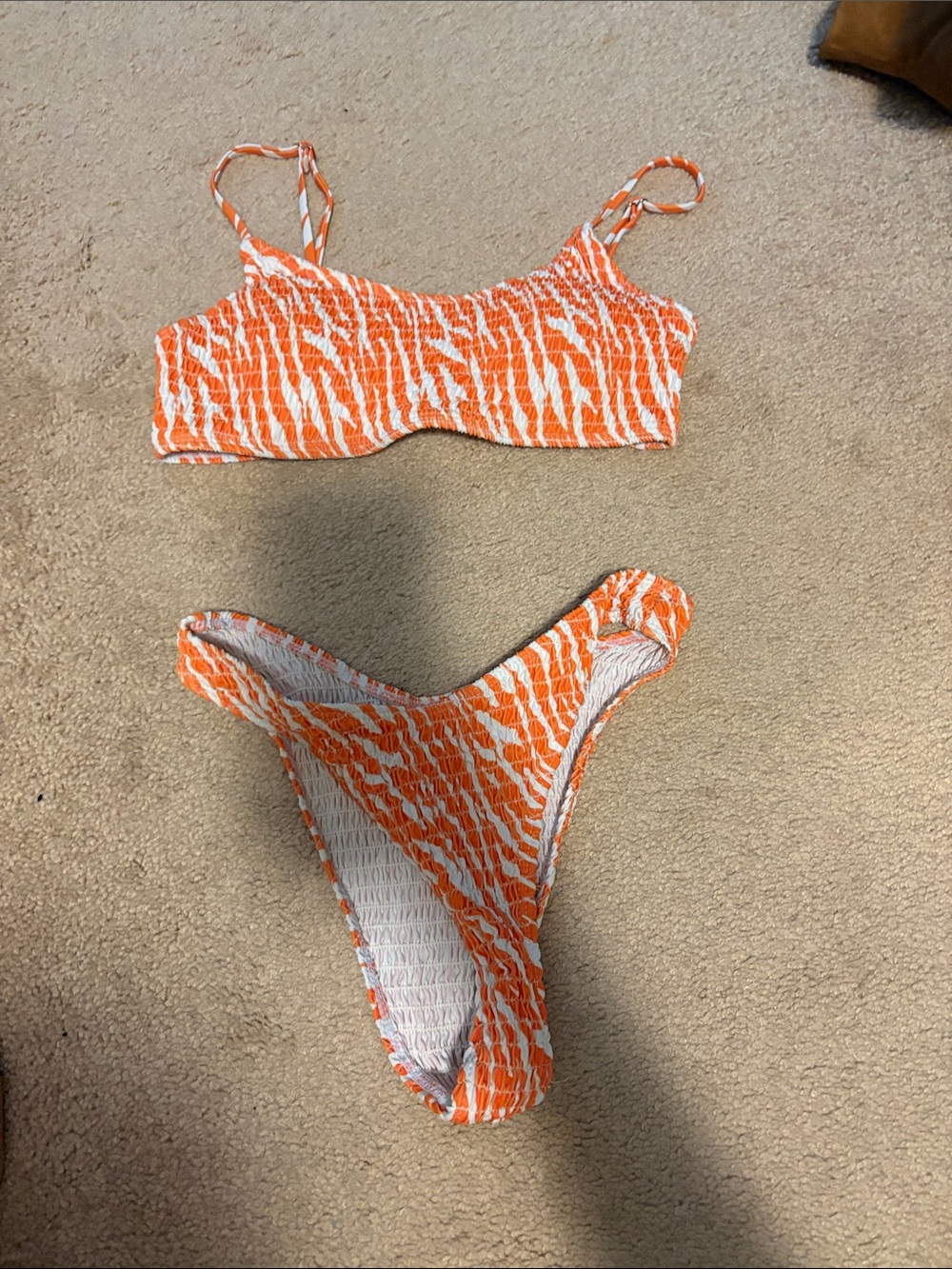 SHEIN Orange & White Zebra Smocked Bikini Set